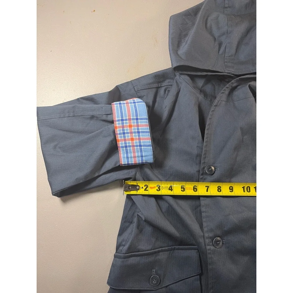WE-AR4 Hooded Utility Jacket Womens XS Navy Blue Plaid Cuffs Double Breasted NWT - Picture 7 of 10